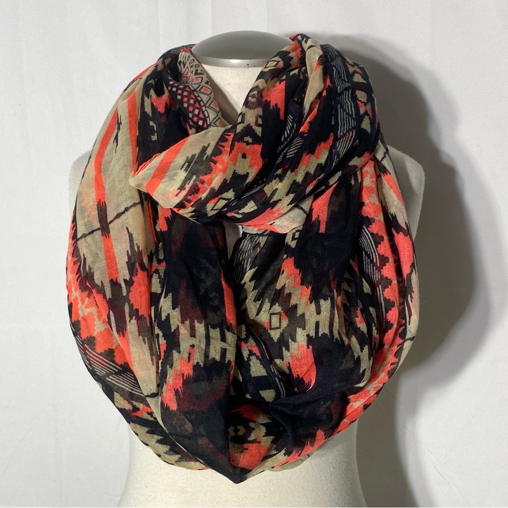 5/$25 Black Beige Neon Orange Semi Sheer Multi Print Infinity Scarf